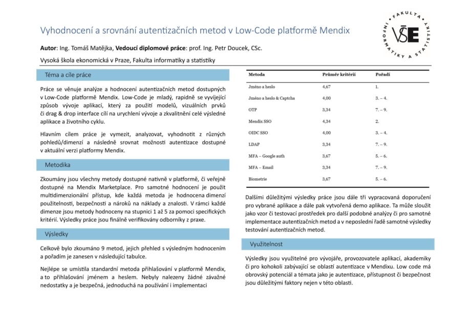 Vyhodnocení a srovnání autentizačních metod v Low-Code platformě Mendix